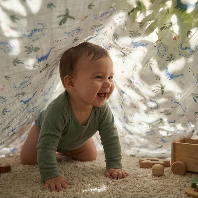 GLLQUEN BABY Muslin Swaddle Blankets 4-Pack Breathable Receiving Blankets (35" x 40") Soft Baby Blankets for Girls and Boys Newborn Essentials Muslin Burp Cloths Swaddle Wrap Baby Gift(Dinosaur)