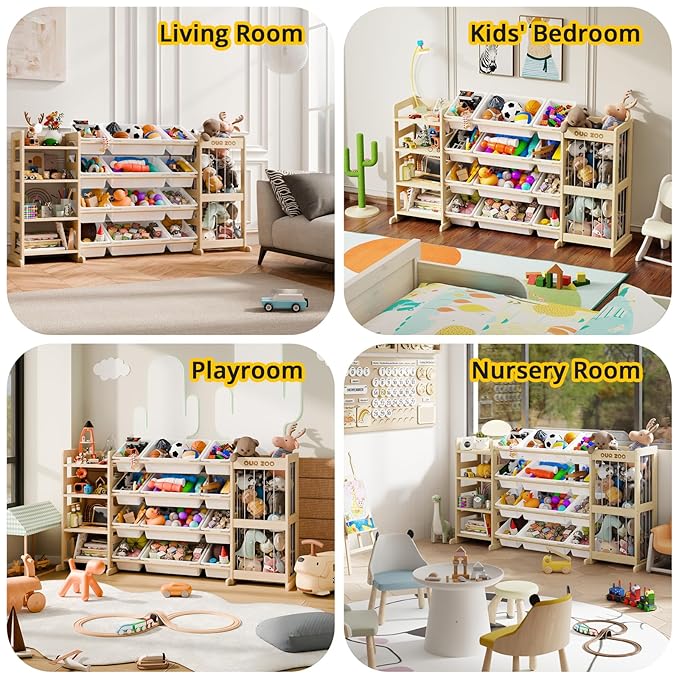 Large Kids Toy Storage Organizer - Toy Organizers and Storage with Stuffed Animal Storage, Kids Toy Storage Shelf with 12 Plastic Bins, 4-Tier Bookshelf for Kids Room, Playroom, Bedroom, 59 inch