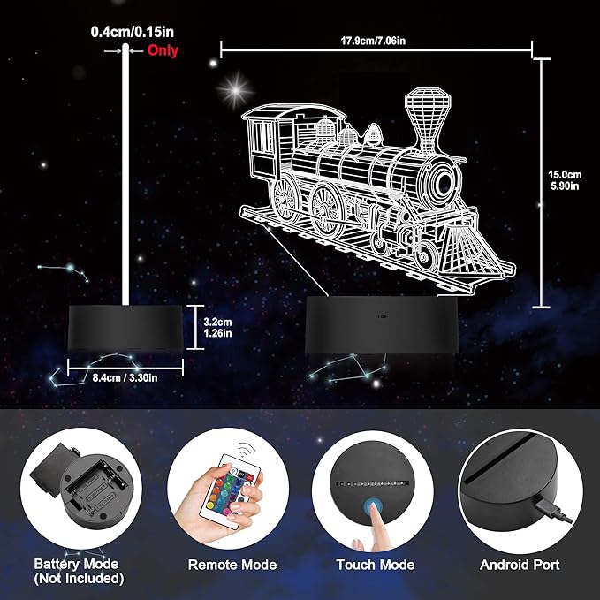Ammonite Train Night Light, Steam Train 3D Illusion Lamp for Kids, 16 Colors Changing with Remote Control & Timer, Creative Birthday Xmas Gifts for Kids Boys Bedroom Decor