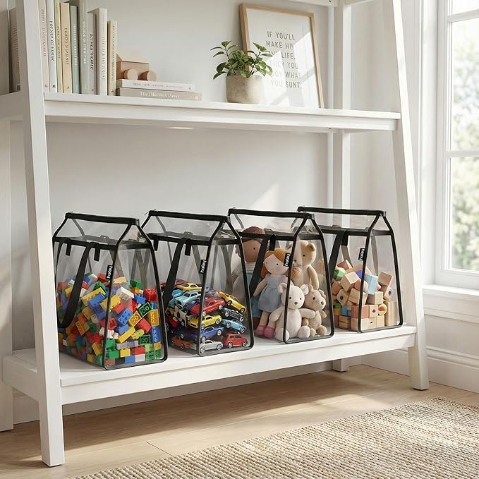 HOLAY 4 Pack Clear Toy Storage Bags with Handle ?“Playroom Organizer Bins for Kids Toys, Board Games, Busy Bags, and Homeschool Supplies, Transparent PVC Front & Reinforced Base (Black, X-Large)