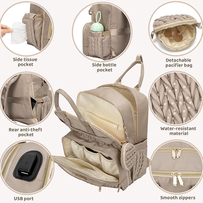 CandyHome Diaper Bag Backpack, Waterproof Stylish Baby Bag with Changing Pad, Large Capacity Travel Essentials Baby Diaper Bag with USB Port, Stroller Straps & Pacifier Case (Khaki)