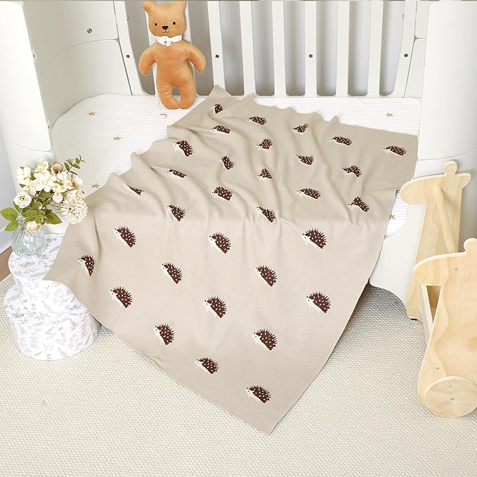 Opewod Baby Blanket 100% Cotton Baby Swaddle Blanket Knit Soft Cozy Lightweight Unisex Receiving Stroller Quilt Blanket with Cute Hedgehog 30x40 Inch Light Camel