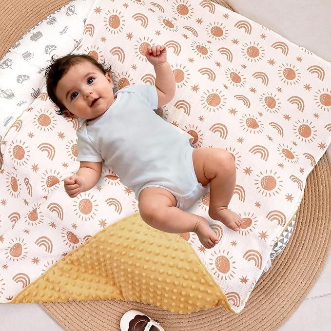 2 Pack Minky Baby Blankets,Super Soft Receiving Blankets with Muslin Cotton Front & Dotted Fleece Backing,39x29.5 Inches,Printed Bed Throws Newborn(Sun)