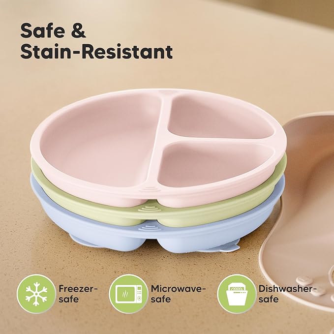 KeaBabies Suction Plates for Baby, Toddler - 3-Pack 100% Silicone Toddler Plates with Suction, Divided, BPA-Free Baby Led Weaning Essentials for Kids, Dishwasher, Microwave Safe, Durable (Rain)