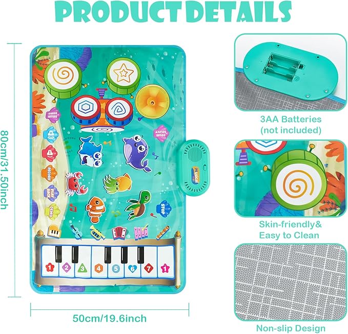 Baby Musical Play Mat,Early Educational 3 in 1 Floor Piano Drum Animal Touch 31.5"*19.6 " Play Blanket Montessori Sensory Musical Learning Toys,Baby Birthday (Sea Pattern)