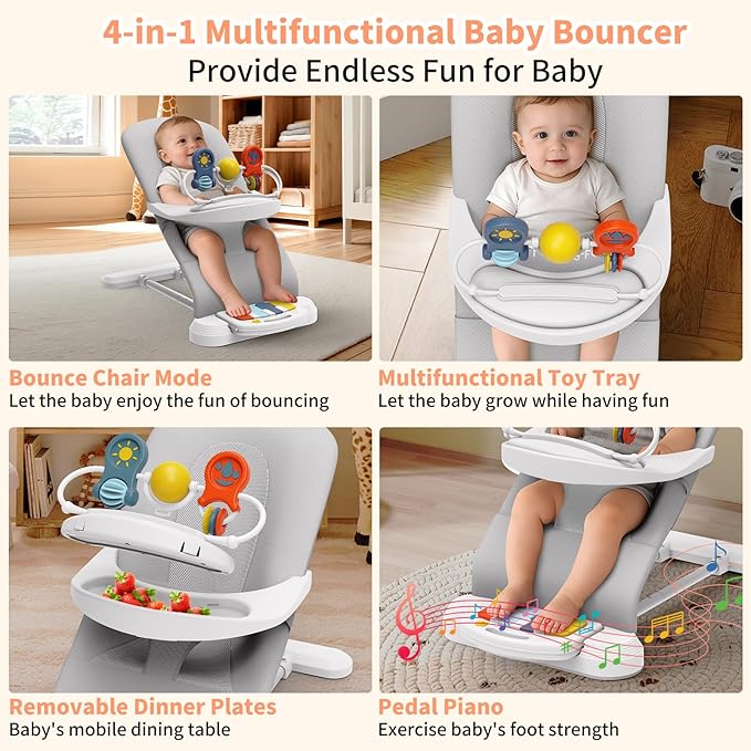 Baby Bouncer Seat, 3-Speed Adjustable Height Baby Bouncer Seat, 4-in-1 Bouncer Seat for Babies 0-6 Months, Detachable Piano Pedals, Feeding Tray