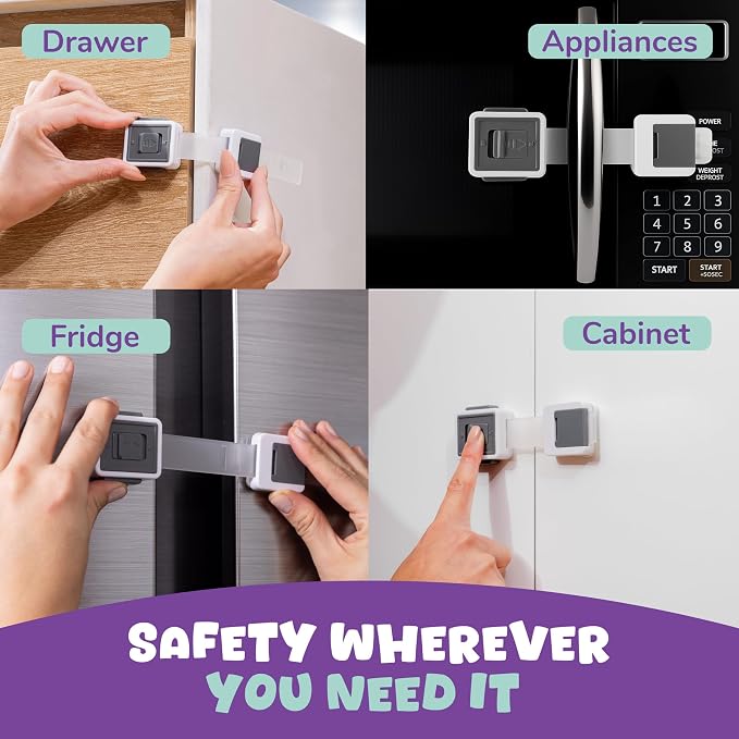 6 Pack Upgraded Baby Proofing Cabinet Latch Locks - No Drilling or Tools Required, Children Proof Cupboard Drawers Latches, Works with Most Cabinets and Drawers - Adhesive Easy Installation