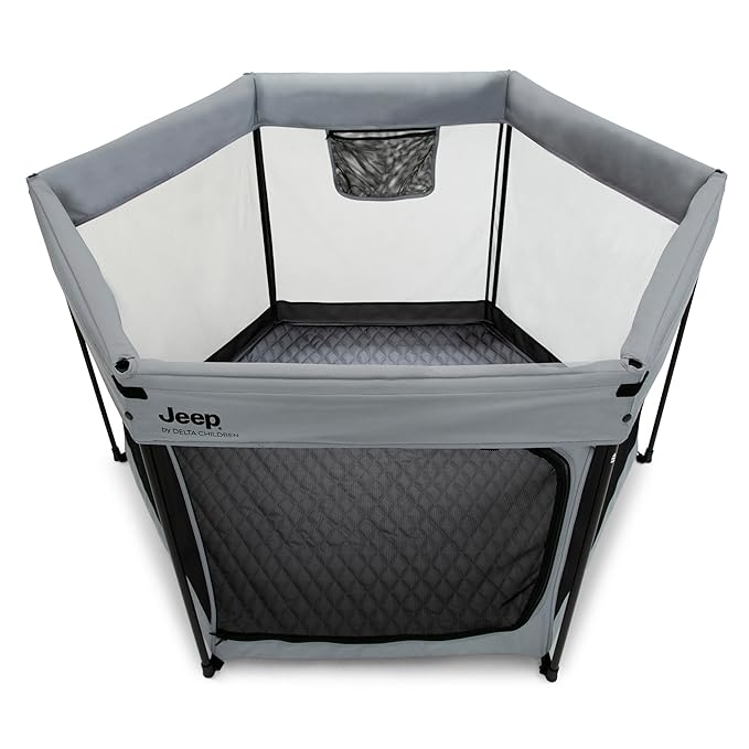 Jeep Hexagon Pop Up Play Yard with Removable Canopy | Ideal for Indoor and Outdoor Use, Grey