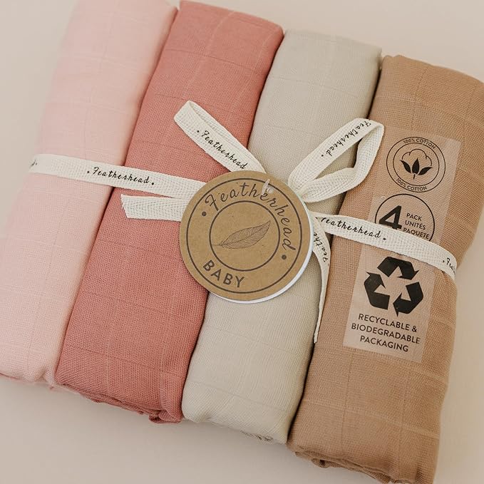 Featherhead??100% Cotton Muslin Swaddle Blankets for Baby Girl - Large 47?�x 47??- Pre-Washed, Soft, & Breathable - Newborn Essential & Perfect Baby Registry Gift (4 Pack - Pink Solids)