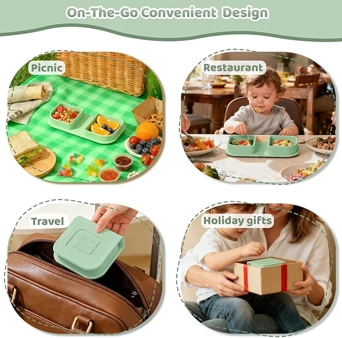 Green Foldable Silicone Baby Feeding Set, Portable Travel Baby Feeding Essentials Including Toddler Plates, Silicone Baby Spoon&Fork, Adjustable Foldable Bib, Portable Infant Toddler Utensils