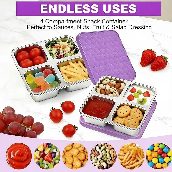 2 Pack Stainless Steel Snack Containers, Reusable 4 Compartment Food Container with Lids, 24 Oz Divided Metal Bento Snack Box for Travel Work, Snack Pack Containers for Portion Control