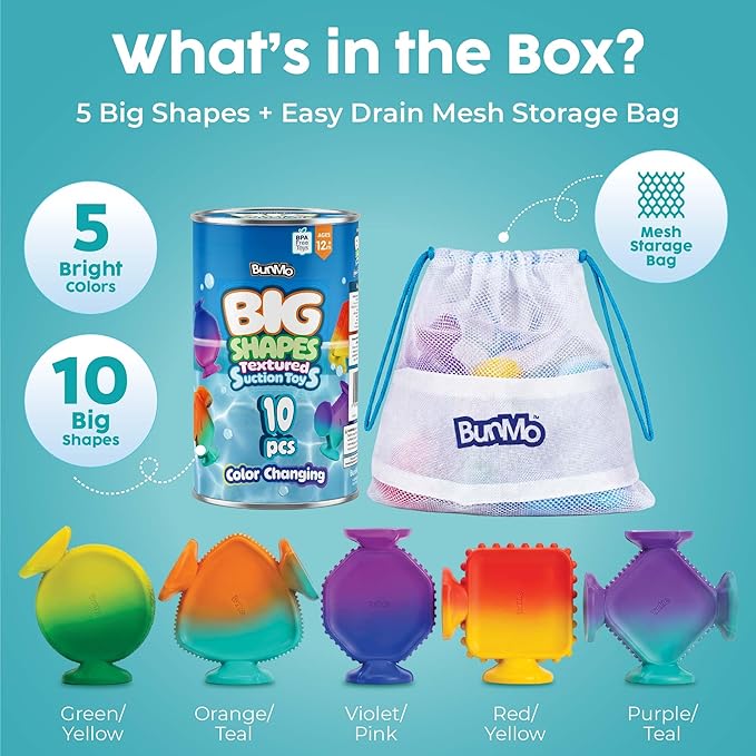 BUNMO Big Shapes Color-Changing Textured Suction Bath Toys for Toddlers 1?? (10 Pack), Extra Large Silicone Bathtub Toys, BPA-Free Suction Cup Toys, Bath Toys for Kids Ages 1+, Sensory Bath Toys