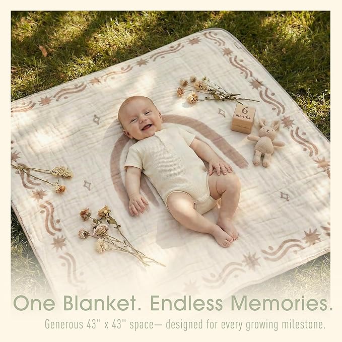 Ultra Soft Muslin Baby Blanket - Made with Organic Cotton, Reversible Rainbow Print & Coffee Striped Jacquard, Swaddle & Crib Quilt, 43x43 Inches (Rainbow Border)