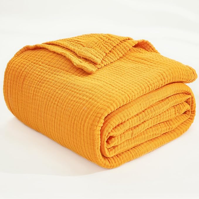 EMME Cotton Throw Blanket for Couch Mustard Yellow Soft Muslin Blankets 50"x60" Lightweight Breathable