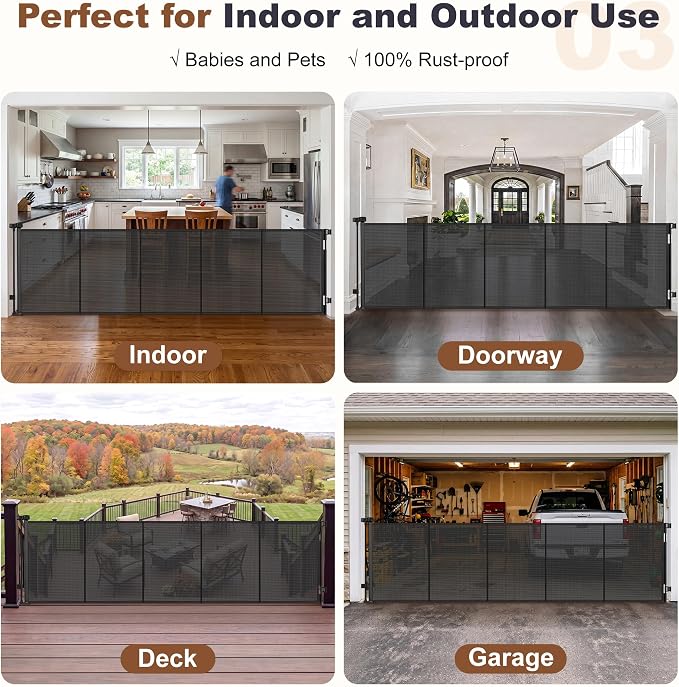 GRENFU Reinforced 100 Inch Wide Retractable Baby Gates 33" Tall, Long Dog Gate Retractable Gate with Support Rods to Prevent Crawling Through, Extra Wide Retractable Dog Gate for Indoor/Outdoor, Black