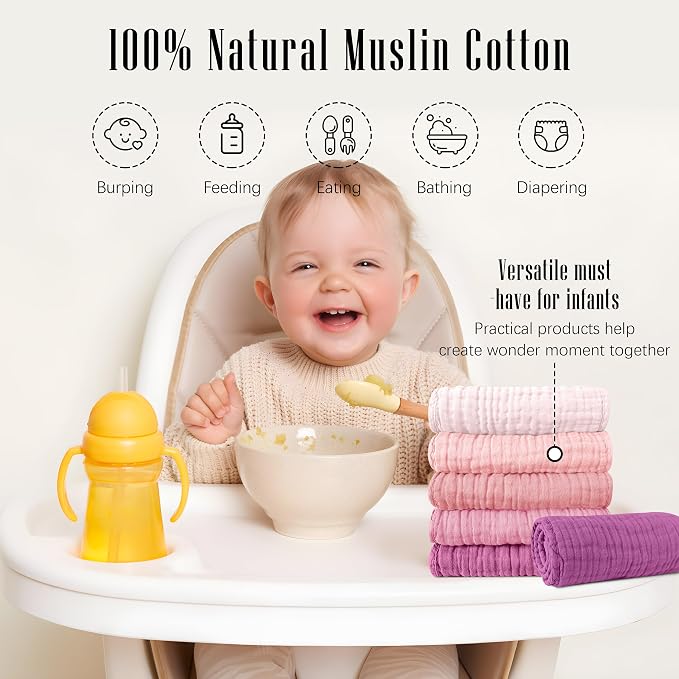 SWEET DOLPHIN 12 Pack Muslin Burp Cloths Large 100% Cotton Burping Clothes for Baby Drool - Absorbent and Soft Boys & Girls Milk Spit Up Rags for Newborn Essentials Registry - Hibiscus Sunset