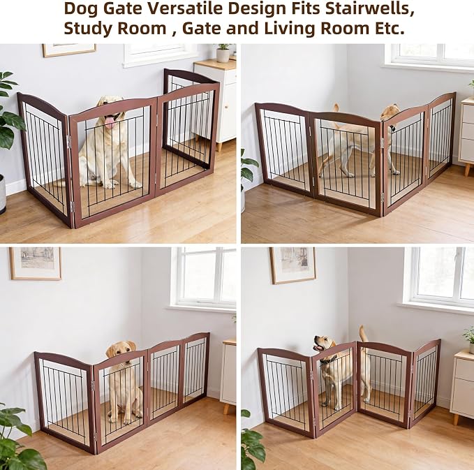 ZJSF Freestanding Foldable Dog Gate for House Extra Wide Wooden Brown Puppy Gate Stairs Dog Gates Doorways Tall Pet Gate 24 "Height 4 Panels Pet Fence