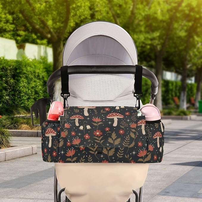 Forest Mushrooms Flowers Black Print Universal Stroller Organizer with Shoulder Strap & Cup Holder，Baby Stroller Caddy Bag for Shopping and Walking