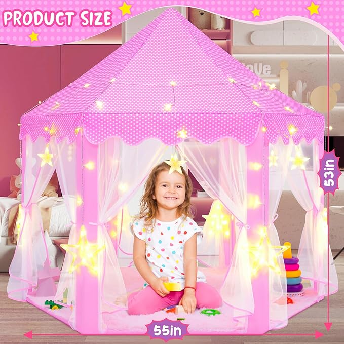 Pink Princess Tent for Girls, Kids Play Tent with LED Large Star Lights, Castle Playhouse Tent for Children Toddlers Indoor Outdoor Games, 55×53 Inches