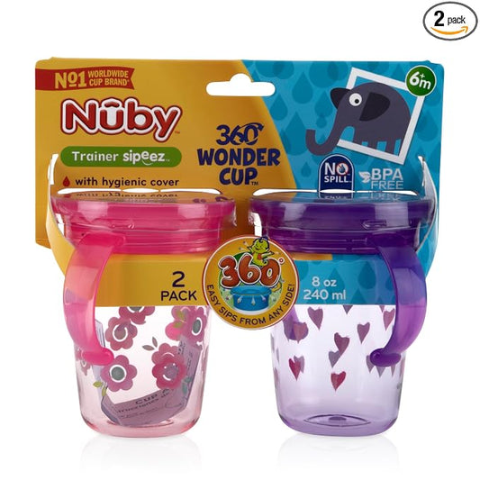 Nuby Tritan No Spill 2 Handle 360 Degree Printed Wonder Cup, Girls