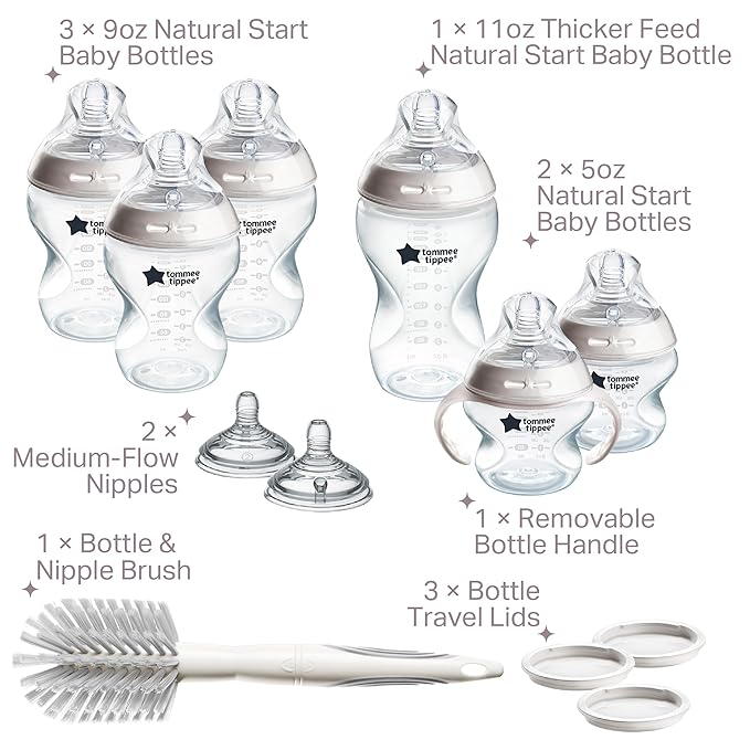 Tommee Tippee Natural Start 12 Piece BPA Free Bottle Set, Includes 2 x 5 oz, 3 x 9 oz, 1 x 11 oz Bottles, Newborn 0+ Months, Slow, Medium & Thicker Flow Breast-Like Nipples, Cleaning Brush, Clear