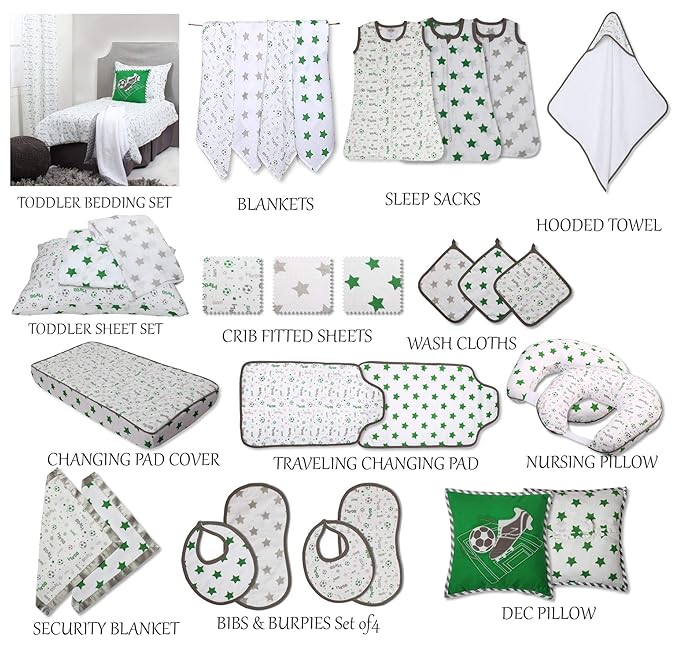 Bacati - 4 Pack Sports Baby Swaddle Blankets Boys Swaddle Wrap Soft Breathable Cotton Muslin Swaddle Blankets Receiving Blanket for Boys, Large 45 x 45 inches (Soccer Green/Grey)