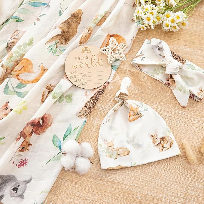 BabyWhale Muslin Swaddle Blanket with Hat and Headband Bow, Animals Print Swaddle Set for Baby Boys ï¼?Girls, Newborn Silky Soft Receiving Blanket Wrap, 47x47 inches