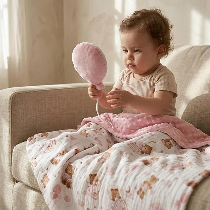 GLLQUEN BABY Blankets for Girls, Soft Muslin Cotton Front Dotted Fleece Backing, Nursery Minky Crib Blanket for Infant Toddler, 30 x 40 inches Throw Blanket, Pink Bear