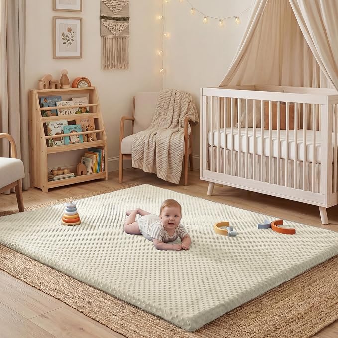 Baby Floor Play Mat for Playpen, Extra Thick 65x50 Inches Padded Mat with Ultra Soft 3D Minky Dot & Removable Washable Cover, Non-Slip & Safe for Crawling,Tummy Time,Infant/Toddler (Beige)