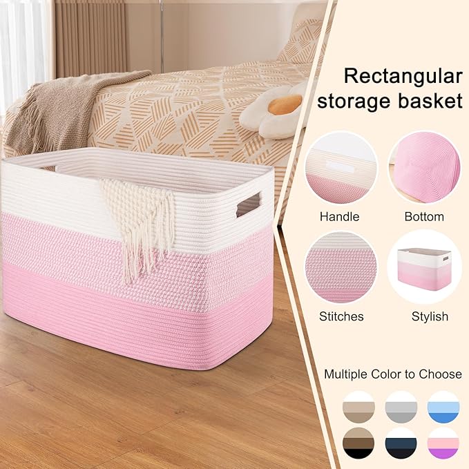 OIAHOMY 108L Super Large Blanket Basket For Living Room, 25?�x16?�x16??Rectangle Woven Baskets For Storage, Toy Storage with Handle - Pink&White
