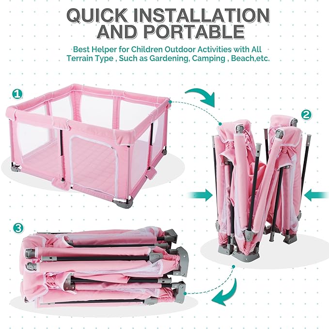 Foldable Baby Playpen,PlayPens for Babies and Toddlers，Indoor Outdoor Safety Play Area, Portable Child Activity Large Collapsible Play Yard，Folding Fence (Cationic Fabric-Pink, 59"x71")
