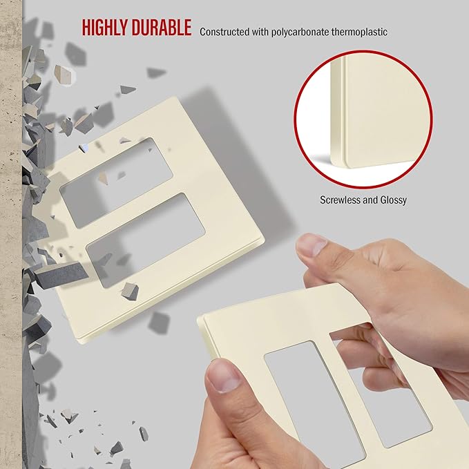 ENERLITES Screwless Decorator Wall Plates Child Safe Outlet Covers, Size 2-Gang 4.68" H x 4.73" L, Polycarbonate Thermoplastic, SI8832-LA-10PCS, Glossy, Light Almond (10 Pack)