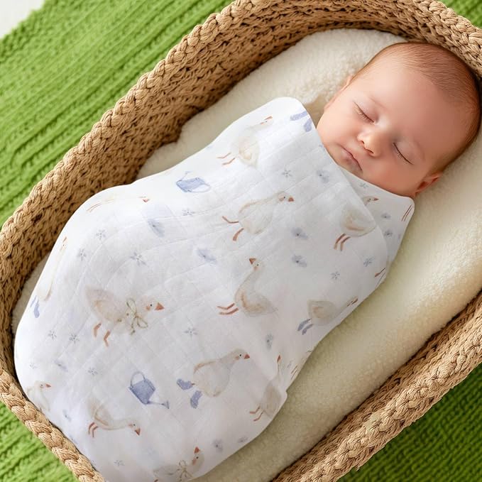 LifeTree Baby Swaddle Blankets, Boys Girls Muslin Swaddling Wrap Receiving Blanket for Newborn, 70% Viscose from Bamboo and 30% Cotton, Large 47" x 47", Duck and Checkered