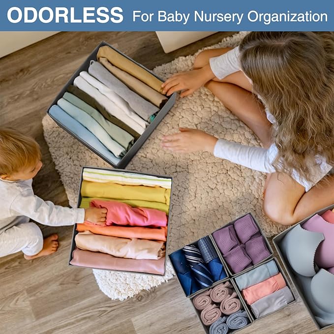 Criusia Drawer Organizer Clothes 24 Pack, Fabric Closet Organizers and Storage Bins for Underwear Sock, Odorless Dresser Drawer Dividers for Baby Nursery Organization (Grey)
