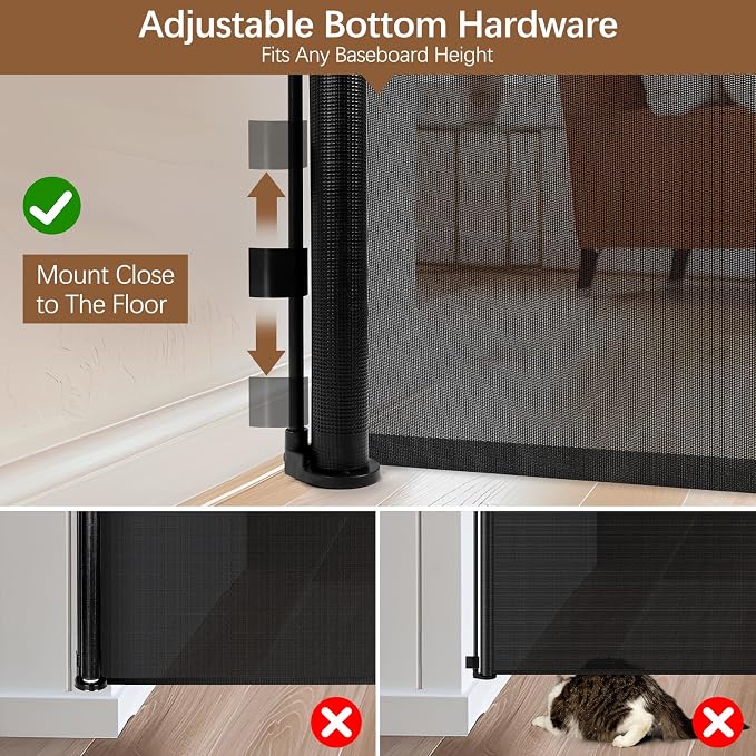 Reinforced 55" Extra Tall Pet Gate for Doorway - No Jumping Over, 55" Wide Retractable Baby Gates with Support Rods - No Crawling Under, Climb Proof Cat Gate for Stairs Tall Retractable Dog Gate/Black