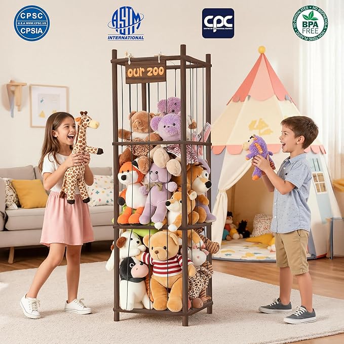 LAMU Stuffed Animal Storage, Wooden Zoo Stuffed Animal Holder with Elastic Cords, Space Save Toy Organizer, Extra Large Capacit Stuffed Animal Organizer for Playroom, Bedroom, Nursery,Brown