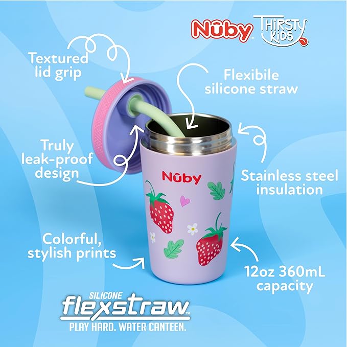 Nuby Thirsty Kids Insulated Toddler Cup with Silicone Flexstraw - 12 oz - Stainless Steel and Leak-Resistant - 18+ Months - Strawberries