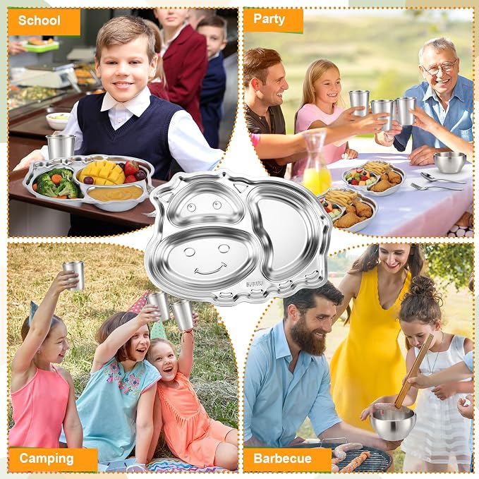 Jinei 20 Pieces Kids Stainless Steel Utensils Set Include 4 Cow Shaped Plates, 4 Bowls, 4 Cups, 4 Spoons, and 4 Forks, Stainless Steel Dinnerware Set for Toddler Utensils Silverware