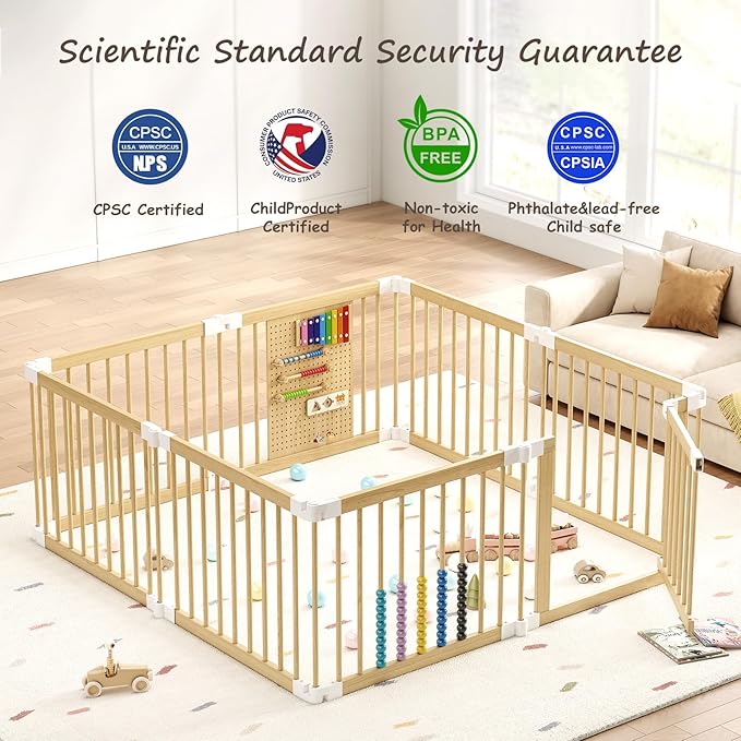 EXPERLAM Baby Playpen - Wooden Playpen for Babies and Toddlers, Foldable Play Pen with Locking Gate, Portable Baby Fence with Adjustable Shape and Size, Extra Large Toddler Play Yard (58X58x23.5Inch)