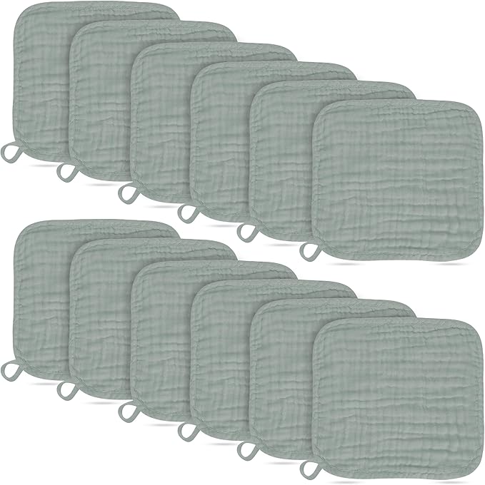 Baby Washcloths -100% Cotton Muslin Soft Baby Bath Wash Cloths and Absorbent Baby Wipes for Newborns Kids Girls and Boys - 12 Pack, 12x12 Inches - Green