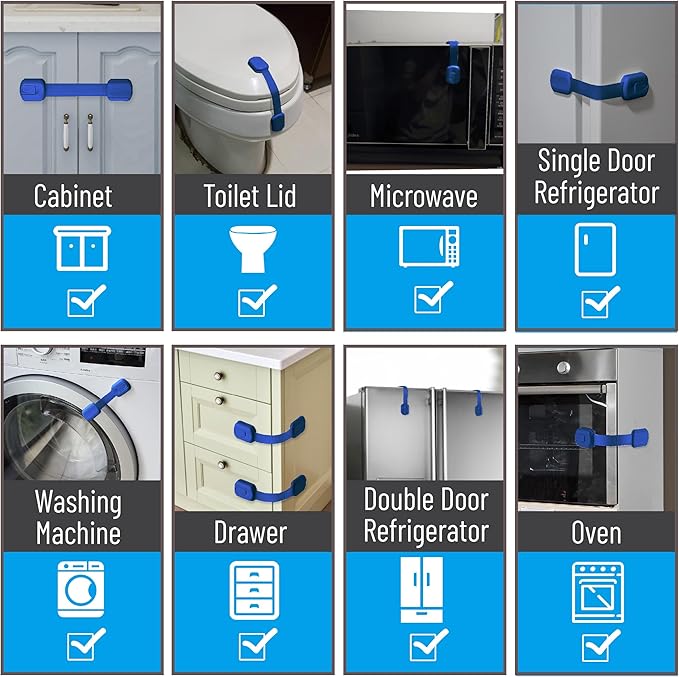 Bate- Child Safety Strap Locks, 6 Pack, Dark Blue, Baby Locks for Cabinets, Drawers, Kitchen, Toilet, Furniture, Fridge, Multi-Purpose, Easy Install with Quick 3M Adhesive for Childproofing