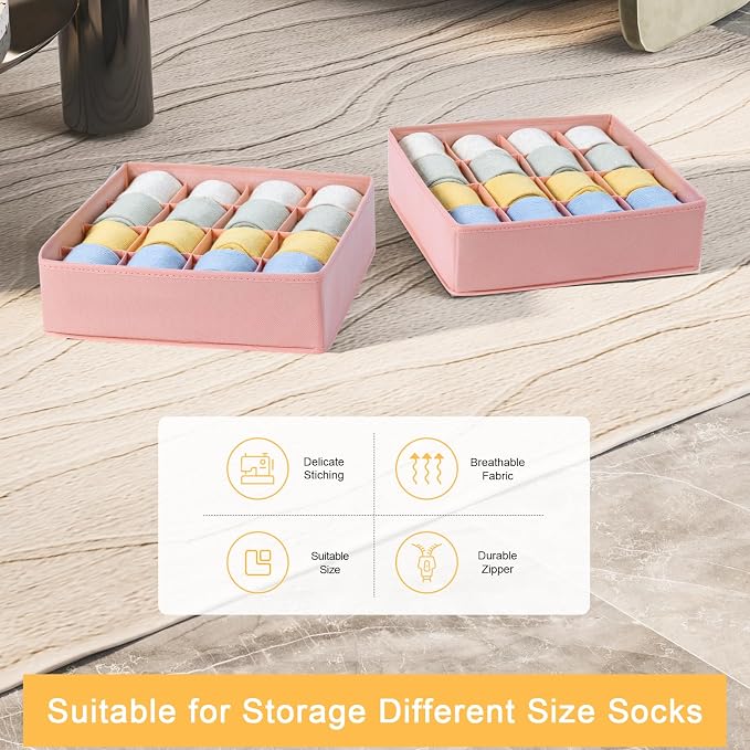 Joyoldelf Sock Drawer Organizer Divider, 16-Cell Underwear Organizers and Storage Fabric Drawer Organizer for Socks, Lingerie, Ties, 2 Packs Pink