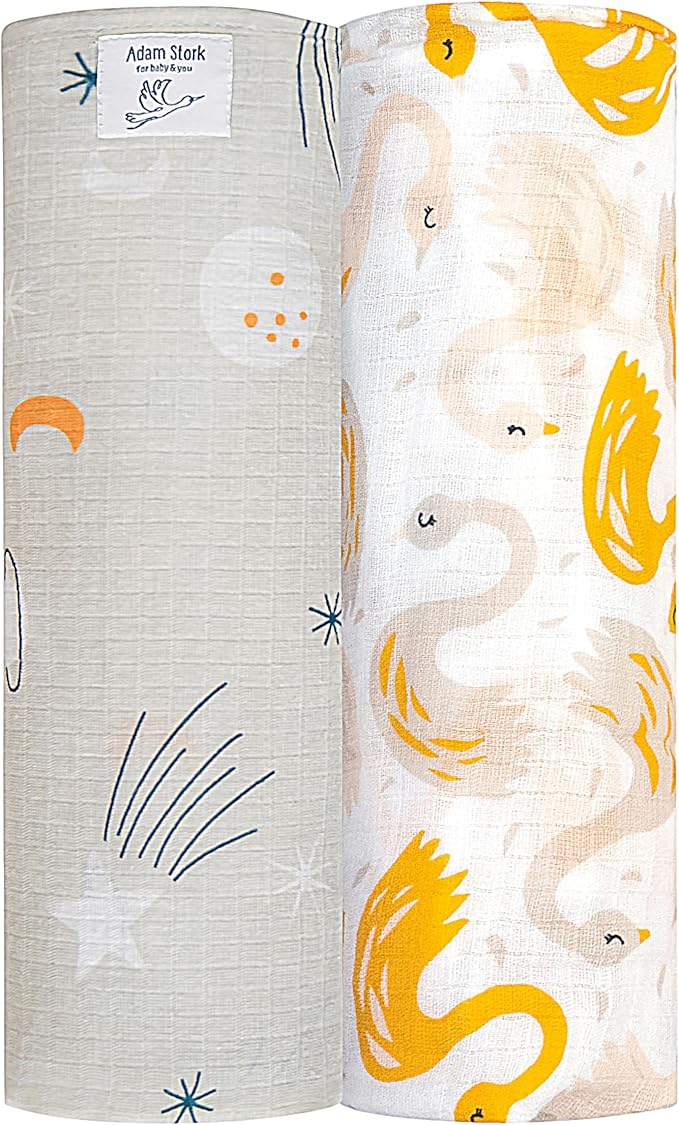 Stork Muslin Swaddle Blankets, Baby Swaddle Wrap for Baby Boys and Girls, 2-Pack Breathable and Skin-Friendly Baby Receiving Blankets, Baby Essentials, Registry & Gift, 40 x 40 inches Stars/Birds