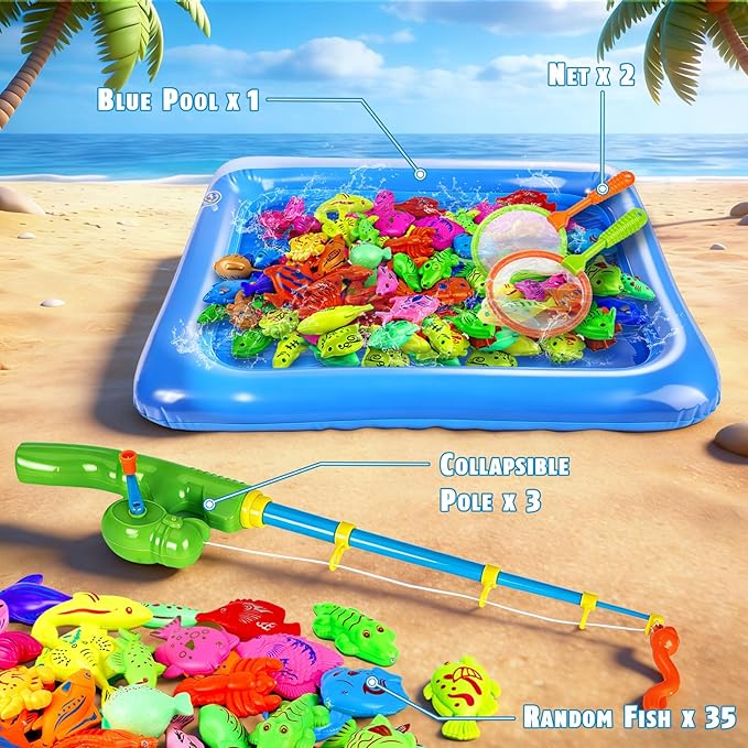 CozyBomB??Magnetic Fishing Toys Game Set for Kids | Water Table Bathtub Kiddie Pool Party Pole Rod Net, Outdoor Plastic Floating Fish, Toddler Bath Color Ocean Sea Animals Birthday Gift Age 3-5 6 4-8