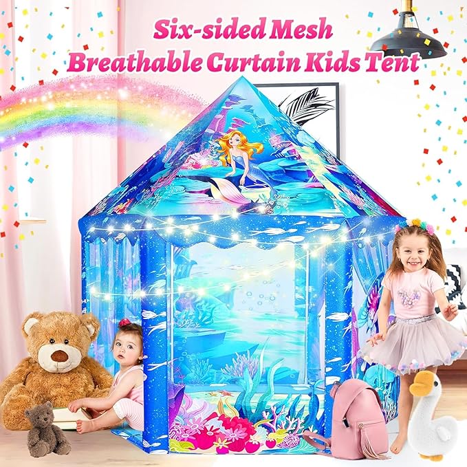 Mnagant Princess Mermaid Kids Play Tent - Large Playhouse for 3-12 Year Old Girls, Indoor Outdoor Castle Toy for Toddlers, 55'' x 53'' (DxH)