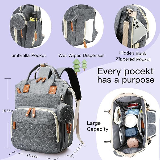 Diaper Bag Backpack with Changing Pad – Large Capacity, 16 Pockets, USB Port, Waterproof Travel Backpack for Mom & Dad – Bonus Pacifier Case - Gray