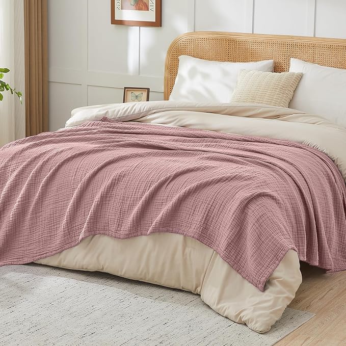 EMME Cotton Blanket King Size for Bed Soft Muslin Blankets Lightweight Breathable Layering Bedspread Coverlet All Season Gauze Blanket, Light Tan (Dusty Pink, 108"x90")