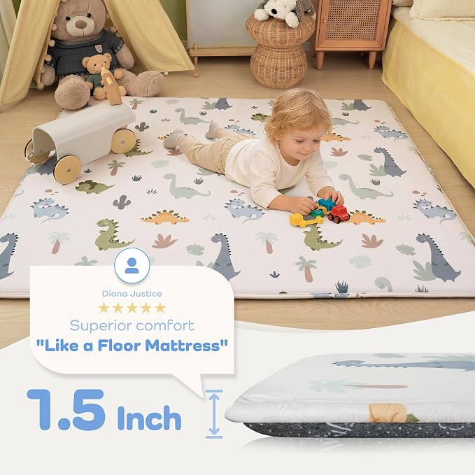 1.5" Thick Premium Baby Floor Play Mat, 71x79 Over-Sized Padded Memory Foam Mat, Tummy Time Crawling Playmat for Nursery Kids Playroom, Dinosaurs