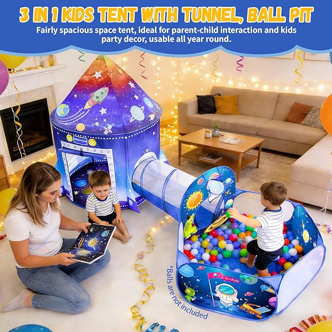 3 in 1 Rocket Ship Play Tent with Tunnel Ball Pit for Kids Space Themed Pop Up Playhouse Indoor Outdoor Astronaut Tent Set Toy Gift for Boys Girls Toddler Baby Child Games Birthday Party