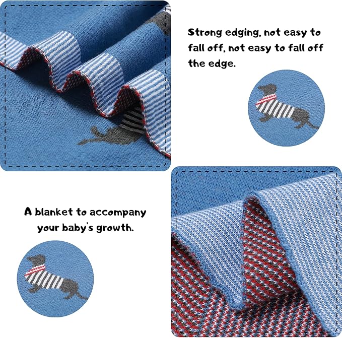 Opewod Baby Blanket Knitted 100% Cotton Soft Blankets for Newborn Boy Girls Cute Dog Dachshund 30x40 inches Jean Blue